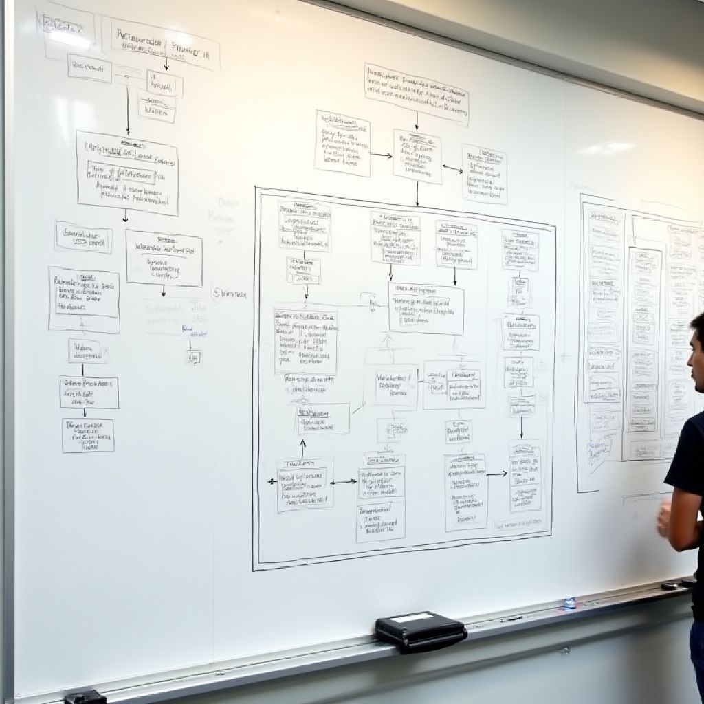 Pizarra con diagramas complejos de arquitectura de software